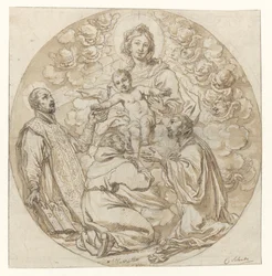 Maria mit dem Kind, verehrt vom heiligen Ignatius von Loyola, vom heiligen Franz Xaver und einem heiligen Mönch