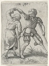 Ein Mann mit Holzbein dreht eine lahme Frau unter seinem Arm, 1572