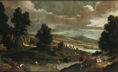 Landschaft mit Wanderern und Fischern