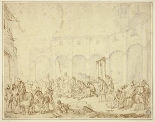 Verwundete Soldaten in einem Hof auf dem Stadtplatz