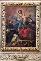 Kirche des SS Salvatore, Altar des Rosenkranzes, Unsere Liebe Frau vom Rosenkranz, Leinwand von Corrado Giaquinto, Poggiardo, Lecce, Apulien