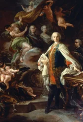 Der italienische Kastrat Carlo Farinelli (Carlo Broschi, genannt; 1705 - 1782) am Hof von Philipp II. von Spanien, im weißen Mantel des Ordens von Calatrava. Gemälde von Corrado Giaquinto (1703-1766), Civico Museo Bibliografico Musicale, Bologna