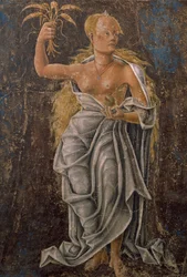 Dekan, Detail Jungfrau des Zeichens, Szene aus dem Monat August, zugeschrieben Cosimo Tura
