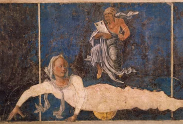 Jungfrau mit Dekan, Szene aus dem Monat August, um 1470, zugeschrieben Cosimo Tura