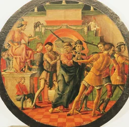 Altarbild des heiligen Maurelius, Szene der Verurteilung des heiligen Mauritius, um 1480, von Cosimo Tura (1430 - um 1495), Durchmesser 48 cm