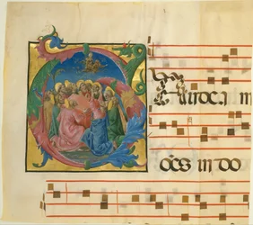 Manuskript-Illumination mit der Himmelfahrt der Jungfrau Maria in einem Initial G, 1450-60