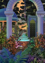 Exotischer Gartenbrunnen Sonnenuntergang