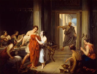 Der griechische Philosoph Sokrates (470-399 v. Chr.) entdeckt den jungen Alkibiades (450-404 v. Chr.) mit einer Hetäre (griechische Prostituierte)