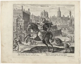 Hängende Gärten von Babylon mit einer Löwenjagd im Vordergrund