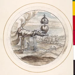 Eine Hand, die ein Herz mit einer Kaiserkrone stützt (Feder & braune Tinte mit brauner & grauer Lavierung auf Papier)