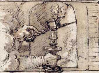 Ein Paar Hände, das aus einer Wolke kommt und eine Kerze in einem Kerzenhalter auslöscht (Feder & braune Tinte mit brauner Lavierung auf Papier)