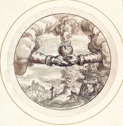 Hände halten ein brennendes Herz und eine Kaiserkrone mit Blick auf den Circus Maximus