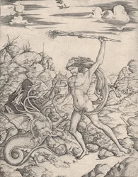 Herkules und die Hydra, mit einer Fackel greift er die geflügelte, mehrköpfige Hydra an, ca. 1500-1520