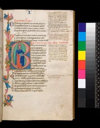 Ms 325. Lucan, Bellum Civile und andere Werke, f.10r. Illuminierte Initiale [B], bewohnt von einem ganzfigurigen Autorenporträt, das sich in eine teilweise Laubumrandung erstreckt, ca. 1400-10 (Pergament)