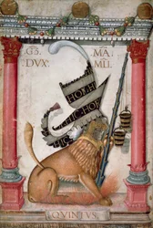 Heraldisches Symbol, das ein Wappen mit einem Löwen, Funken und Eimern von Galeazzo Maria Sforza darstellt, Illuminierte Seite von Cristoforo de Predis aus dem Neuen Testament Codex, varia 124, Italien 1475