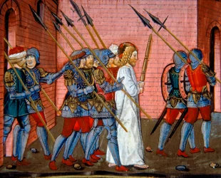Illumination, die Christus zeigt, wie er wieder zu Pilatus gebracht wird, Codex De Predis (ca. 112v)