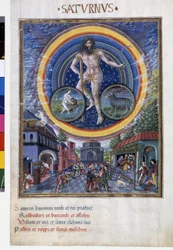 Saturn mit den Tierkreiszeichen Wassermann und Steinbock. Unten, die Spielszenen und ihr Einfluss auf die Menschen. Miniatur von Cristoforo de Predis (ca. 1440-ca. 1486) - in „De Sphaera“ d