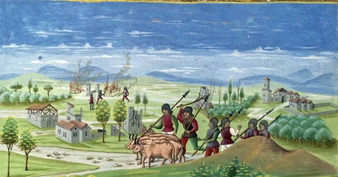 Plünderung während des Krieges. Detail von „Einfluss der Sonne“: Der Krieg. Miniatur von Cristoforo de Predis (ca. 1440-ca. 1486) - in „De Sphaera“ d