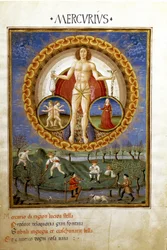 Merkur mit den Tierkreiszeichen Jungfrau und Zwillinge. Bauern bei der Feldarbeit (Miniatur, ca. 1470)
