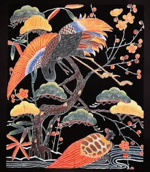 Kraniche und langschildkrötige Schildkröte (Tsurugame), Detail eines Kimonostoffs mit glückverheißenden Motiven, japanische Zivilisation, Edo-Zeit