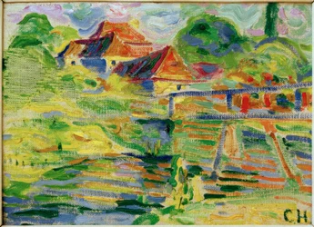 Schloss Pretzfeld mit Badenden am Flussufer