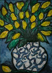 Blaue Vase mit Zitronen