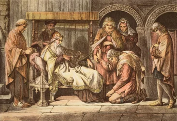 Harold, der von der Normandie zurückkehrt, stellt sich Edward dem Bekenner vor, graviert von JD Cooper