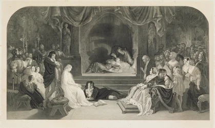 Die Theaterszene, Akt III, Szene II von Hamlet von William Shakespeare, graviert von Charles W. Sharpe