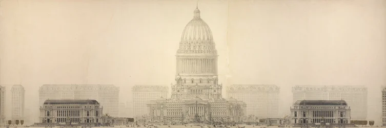 Platte 131 aus Der Plan von Chicago, 1909: Chicago. Erhebung zeigt die Gruppe von Gebäuden, die das vorgeschlagene Bürgerzentrum bilden.
