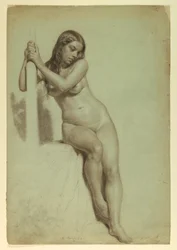 Zeichnung, Weiblicher Akt auf einem Hocker, 1858