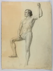 Zeichnung, Männlicher Akt mit einem Fuß auf einer Stufe, 1858