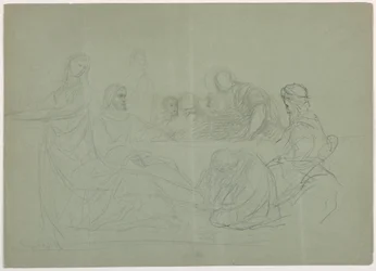 Zeichnung, Maria wäscht die Füße Christi, mehrere Männer sitzen an einem Tisch; Verso: Notizen, 1852