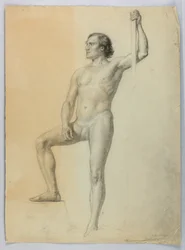 Männlicher Akt mit einem Fuß auf einer Stufe