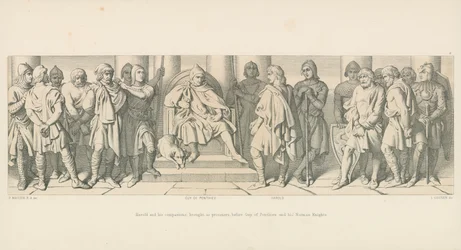 Harold und seine Gefährten, als Gefangene vor Guy von Ponthieu und seine normannischen Ritter gebracht