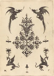 Brosche mit Tischsteinen, geflügelten Drachen oben und Greifen unten