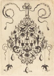 Großes Anhänger, in kreisförmiger Form, nackter Mann flankiert von zwei Hermen