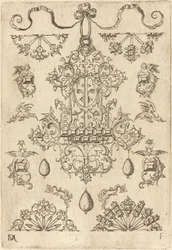 Großer Anhänger umgeben von zehn verschiedenen Stiften