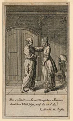 Ein Vater oder Vormund spricht mit einem Mädchen, Illustration des Stücks "Nicht mehr als sechs Schüsseln" von Friedrich Wilhelm Grossmann in "Königl: Grosbrit [anische] Genealogischer Kalender auf das 1782 Jahr Lauenberg bey J.G. Berenberg"