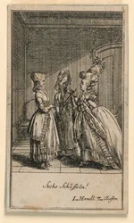 Eine ältere Frau schimpft ein Mädchen, Illustration des Stücks Nicht mehr als sechs Schüsseln von Friedrich Wilhelm Grossmann in Königlich: Großbritannischer Genealogischer Kalender auf das Jahr 1782 Lauenberg bei J.G. Berenberg