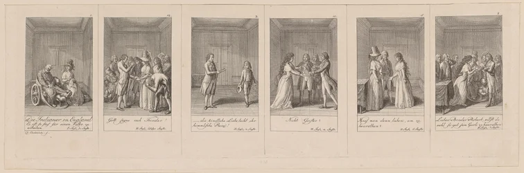 Blätter 1, 12, 3, 10, 5 und 8 von 12 zu Aug. von Kotzebues "Die Indianer in England"