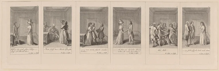 Blätter 7, 6, 9, 4, 11 und 2 von 12 zu Aug. von Kotzebues "Die Indianer in England"