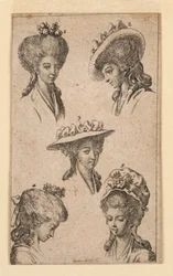 Fünf Kopfbedeckungen, wie sie von Berliner Frauen getragen werden, Illustration für "Königl: Grosbrit [anische] Genealogischer Kalender auf das 1783 Jahr Lauenberg bei J.G. Berenberg"