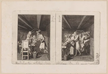 Ludwig unterhält die Familie kümmerlich durch seine Arbeit [links]; Der Vater kehrt mit Schätzen bereichert zu seiner Familie zurück [rechts]