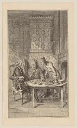Sebaldus, der alte und junge Säugling am Tisch mit einem Lotterieschein