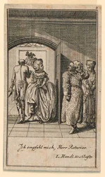 Das ältere Paar beendet hochmütig einen Besuch, Illustration des Stücks "Nicht mehr als sechs Schüsseln" von Friedrich Wilhelm Grossmann in "Königl: Grosbrit [anische] Genealogischer Kalender auf das 1782 Jahr Lauenberg bey J.G. Berenberg"