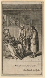 Die ältere Frau stellt einen Mann ein, Illustration des Stücks "Nicht mehr als sechs Schüsseln" von Friedrich Wilhelm Grossman in "Königl: Grosbrit [anische] Genealogischer Kalender auf das 1782 Jahr Lauenberg bey J.G. Berenberg"