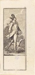 Junger Mann mit Schwert, Stock und Hund