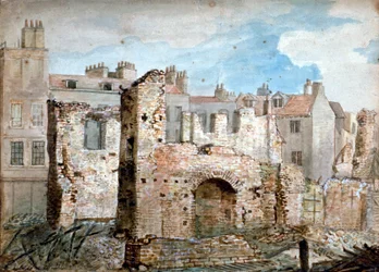 Ruinen eines durch Feuer beschädigten Gebäudes in Bear Yard, Westminster, London