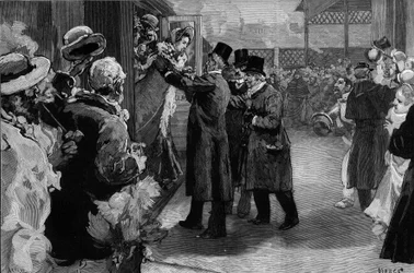 Louise Michel kehrte nach Frankreich zurück (1830-1905) nach seiner Deportation wegen seiner Teilnahme an der Pariser Kommune. Sie wurde am Bahnhof Saint Lazare (Saint-Lazare) von Henri Rochefort (1831-1913), Louis Blanc (181-1882) und George Clemenceau (1