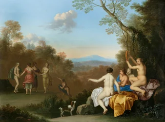Tanzende und musizierende Nymphen an einem Teich auf einer bewaldeten Hügelkuppe mit dem apulischen Hirten